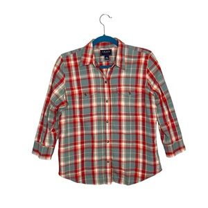 CHAPS Denim Red, Slate Green & White Plaid Button Front Shirt